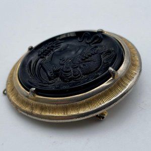 Vintage Ballet Women's Oval Gold Tone & Black Glass Cameo Brooch & Earring Set